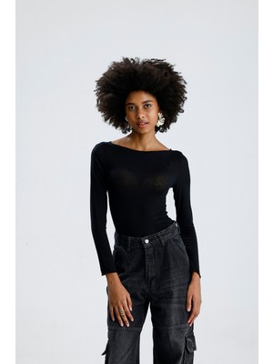 Rose Arya Siyah Kayık Yaka Uzun Kollu Badi