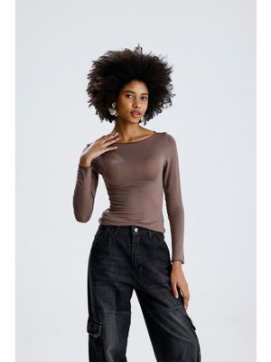 Rose Arya Kahve Kayık Yaka Uzun Kollu Badi