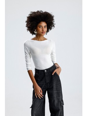 Rose Arya Beyaz Kayık Yaka Uzun Kollu Badi