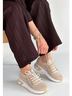 OEY Fashions Belan Bej Triko Bağcıklı Spor Ayakkabı