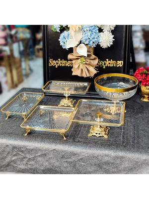 UltraMint Şık 5 Parça Metal Ayaklı Sunum Tabağı Seti, Gold ve Gümüş Renkli