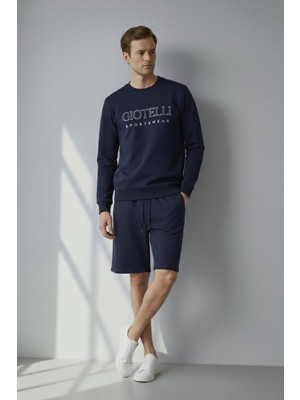 Sabri Özel Giotelli Lacivert Regular Fit Baskılı Bisiklet Yaka Şortlu Takım