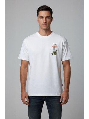 Sabri Özel Giotelli Erkek Beyaz Normal Kesim Regular Fit %100 Pamuk Baskılı Bisiklet Yaka Erkek Tişört