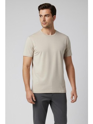 Sabri Özel Giotelli Bej Regular Fit %100 Pamuklu Bisiklet Yaka Tişört