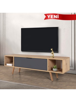 EVMO Home 3624 Mesir Tv Ünitesi 160 cm ( Ahşap Ayaklı , Metal Kulplu ) Safir - Antrasit