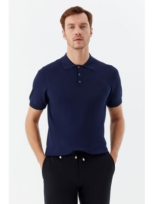 Sabri Özel Lacivert Regular Fit Göğüs Nakış Detaylı Polo Yaka Triko T-shirt