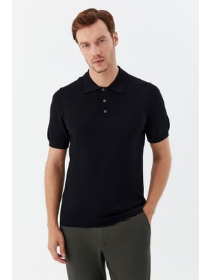 Sabri Özel Siyah Regular Fit Göğüs Nakış Detaylı Polo Yaka Triko T-shirt