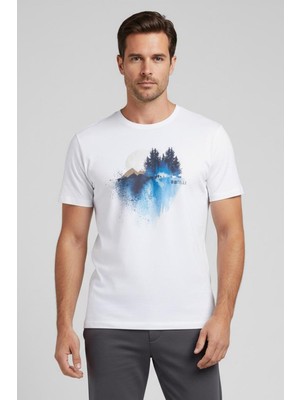 Sabri Özel Giotelli Beyaz Slim Fit %100 Pamuklu Baskılı Bisiklet Yaka Tişört