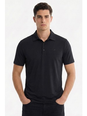 Sabri Özel Erkek Siyah Dar Kesim Slim Fit Modal Dokuma Polo Yaka Tişört