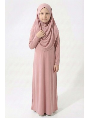 Mnk Baby & Kids Gül Kurusu Başörtülü Kız Çocuk Namaz Elbisesi Uzun Kol Düz Desen M00789