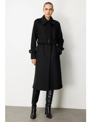 Ekol Kadın Beli Kuşaklı Siyah Manto 06057