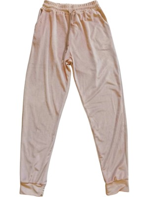 Remstdrk Parlak Kadife Cepli Pantolon Eşofman Pijama Altı Unisex Lastikli Paça Bej