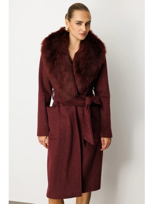 Ekol Kadın Yakası Kürklü Beli Bağlamalı Bordo Manto 06071