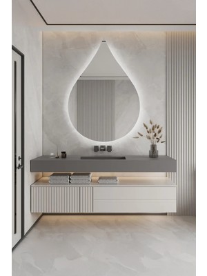 FAWdecor Modern Asimetrik LED Işıklı Dekoratif Duvar Aynası - Arkadan Aydınlatmalı Özel Kesim Banyo Aynası