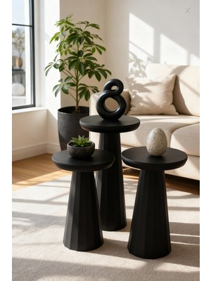 Hedefixtoys Siyah Modern Ahşap Vernikli Mantar Yan Sehpa – 3’lü Dekoratif Zigon Takımı