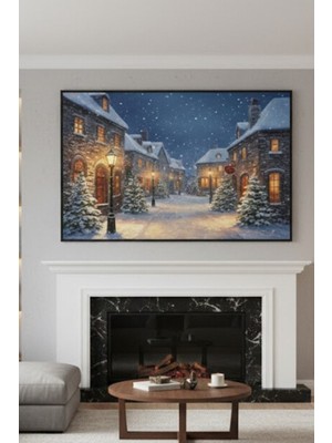 Safir Design Lüks Lacivert ve Beyaz Kış Kasabası Duvar Sanatı | Modern Çerçeveli Tablo
