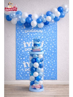 Bkmc Erkek Çocukları Için Sade Şık Pvc Sütunlu Balonlu Baskılı Arkafonlu Doğum Günü Parti Seti Süsü