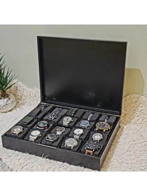 Tekir Store Ahşap 20 Bölmeli Saat Kutusu Dekoratif Siyah Saat Aksesuar Saklama Kutusu Organizer