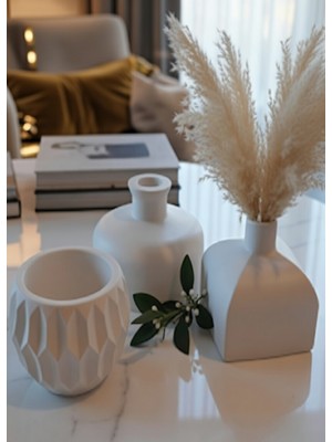Safir Design Iskandinav Tarzı Pampas Hediyeli 3'lü Beyaz Vazo Seti - El Yapımı Taş Tozu Minimalist Ev Dekoru