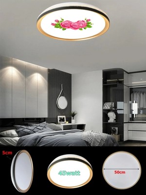 Gökyüzü Panel Pembe Güller Gold Avize, Ledli Tavan Armatürü 45W, Beyaz IŞIK7000K,50CM Avize Yuvarlak, Modern Lamba