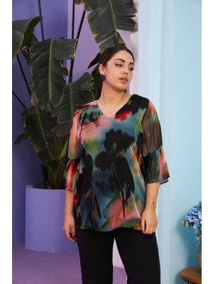 Rmg Batik Desenli Kol Piliseli Büyük Beden Siyah Bluz