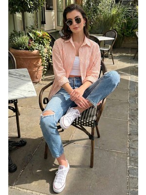 Lela Regular Fit Uzun Kollu Çizgili Gömlek Bayan Gömlek 6772875