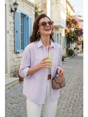 Lela Regular Fit Uzun Kollu Çizgili Gömlek Bayan Gömlek 6772875