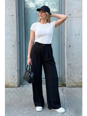 Lela Wide Leg Yüksek Bel Geniş Paça Palazzo Pantolon Bayan Pantolon 5866290