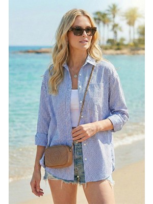 Lela Regular Fit Uzun Kollu Cepli Çizgili Gömlek Bayan Gömlek 6772895