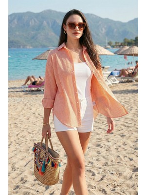 Lela Regular Fit Uzun Kollu Cepli Çizgili Gömlek Kadın Gömlek 6772895