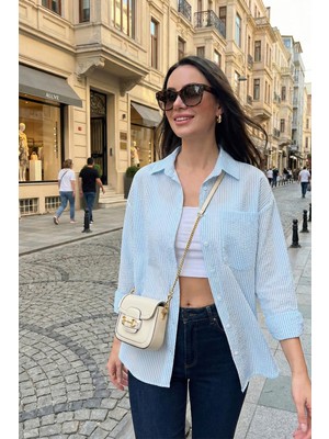 Lela Regular Fit Uzun Kollu Cepli Çizgili Gömlek Bayan Gömlek 6772895