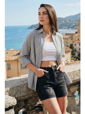 Lela  Regular Fit Uzun Kollu Cepli Çizgili Gömlek Bayan Gömlek 6772895