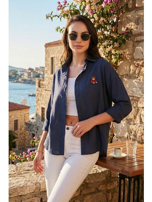 Lela  Pamuk Karışımlı Regular Fit Ayıcık Işlemeli Gömlek Bayan Gömlek 6773106