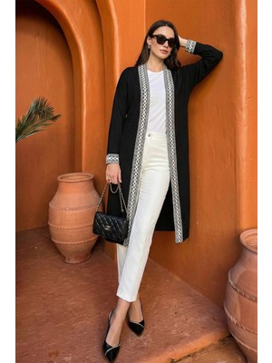 Lela Modest Regular Fit Bağlamalı Nakışlı Tesettür Uzun Kimono Hırka Bayan Hırka 5866173