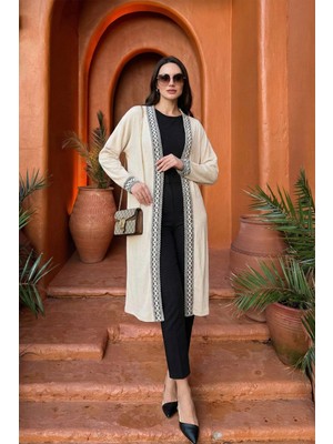 Lela Modest Regular Fit Bağlamalı Nakışlı Tesettür Uzun Kimono Hırka Bayan Hırka 5866173