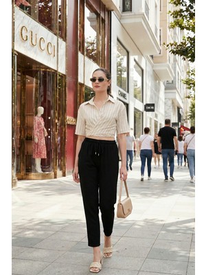 Lela Pamuk ve Keten Karışımlı Yüksek Bel Rahat Kesim Cepli Pantolon Bayan Pantolon 5865019