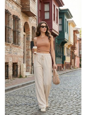 Lela Pamuk ve Keten Karışımlı Yüksek Bel Rahat Kesim Bol Paça Spor Pantolon Bayan Pantolon 5865022
