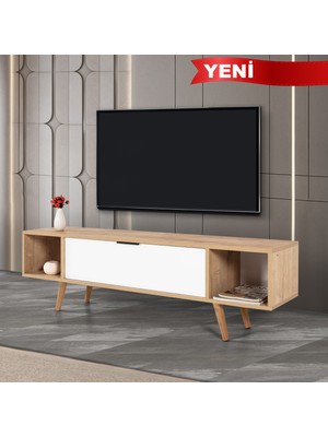 EVMO Home 3628 Mesir Tv Ünitesi 160 cm ( Ahşap Ayaklı , Metal Kulplu ) , Safir - Beyaz