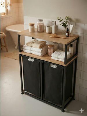 Miyuhome Metal Kızaklı Çamaşır Sepeti 2X40 Lt Kirli Sepeti Raflı Banyo Dolabı Büyük Boy 2 Katlı Kirli Sepeti