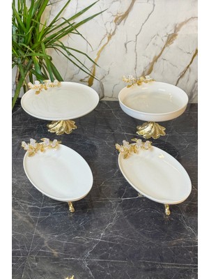 UltraMint 4 Parça Pırlanta Kelebek Porselen Sofra Sunum Seti ve Kayık Kase Tabak Seti