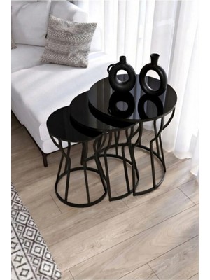 Teknor C Kum Saati 3'lü Zigon Sehpa Takımı Siyah Ayak - Siyah Cam