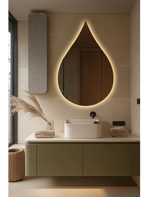 FAWdecor Modern Asimetrik LED Işıklı Dekoratif Duvar Aynası - Arkadan Aydınlatmalı Özel Kesim Banyo Aynası