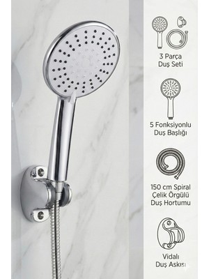 Büyük Boy Duş Başlığı Venüs Duş Seti 5 Fonksiyonlu Duş Başlığı Mafsal ve 150CM Çelik Örgülü Hortum