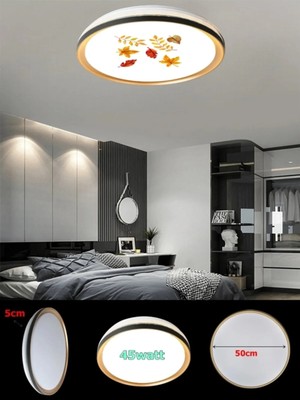 Gökyüzü Panel Sonbahar Yaprakları, Gold Ledli Tavan Armatürü, 45W – Beyaz Işık 7000K - 50CM Modern Yuvarlak Avize