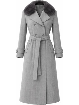 Esin Giyim Kürk Yakalı Kruvaze Kaşe Ara Boy Kaban - Old Money Tarz