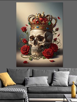 Artmeg Gülden Taçlı Kafatası Sembolü Dekoratif Kanvas - Mdf Ahşap Tablo
