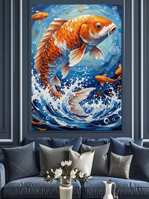 Artmeg Yüzen Turuncu Koi Balığı Dekoratif Kanvas - Mdf Ahşap Tablo