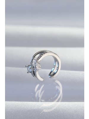 Pirinç Gümüş Renk Zirkon Taşlı Damla Earcuff Küpe - Lisinya