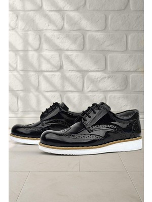 Rakerplus Hidra Siyah Rugan Beyaz Tabanlı Bağcıklı Erkek Çocuk Klasik Ayakkabı