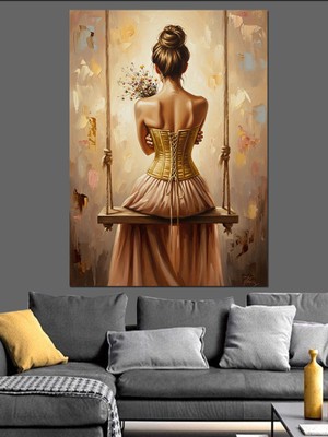Artmeg Salıncakta Altın Elbiseli Kadın Dekoratif Kanvas - Mdf Ahşap Tablo
